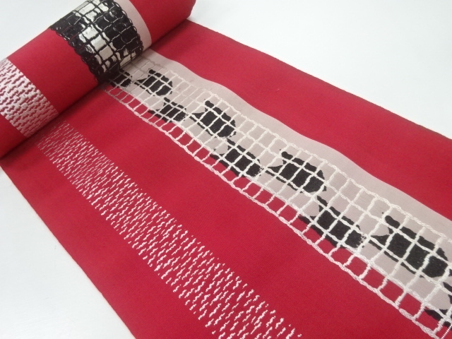 JAPANESE KIMONO / ANTIQUE BOLT FOR HASSUN OBI / WOVEN ABSTRACT PATTERN